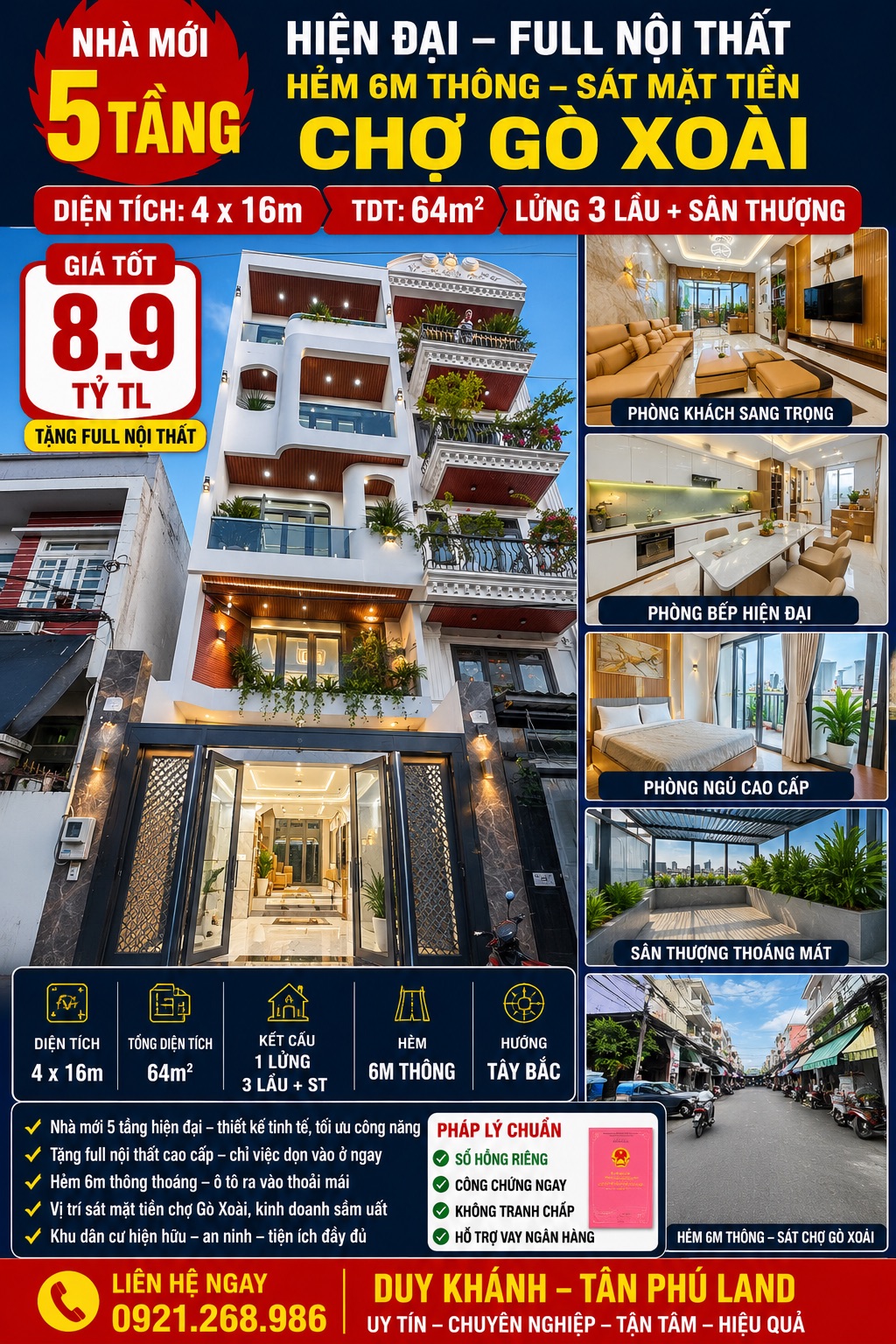 🔥 CHỐT NHANH CĂN NHÀ MỚI 5 TẦNG ĐẸP NHƯ RESORT – HẺM 6M THÔNG SÁT CHỢ GÒ XOÀI – FULL NỘI THẤT