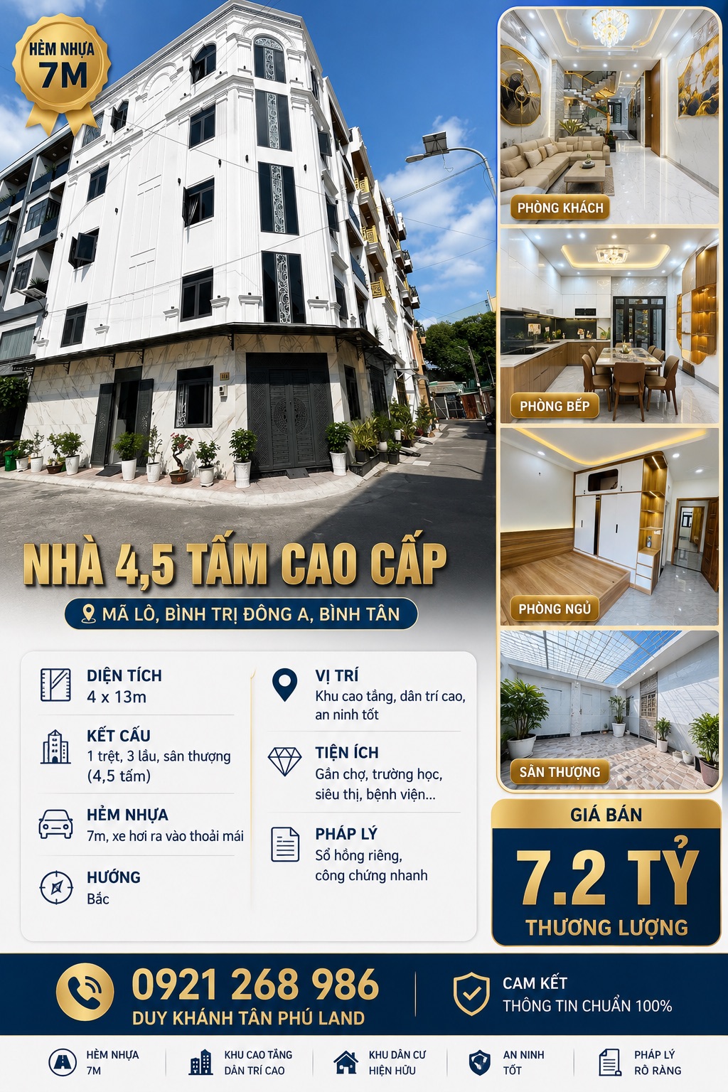 🔥 NHÀ 4,5 TẤM CAO CẤP HẺM NHỰA 7M – KHU CAO TẦNG MÃ LÒ, BTĐA – GIÁ 7.2 TỶ TL! • Diện tích: 4 × 13