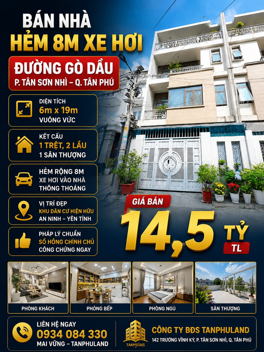 Bán Nhà Hẻm Xe Hơi 227/ Gò Dầu P. Tân Quý, Q. Tân Phú – 6m x 19m, 3.5 Tấm (Sàn 404m²) – Giá 14.5 Tỷ