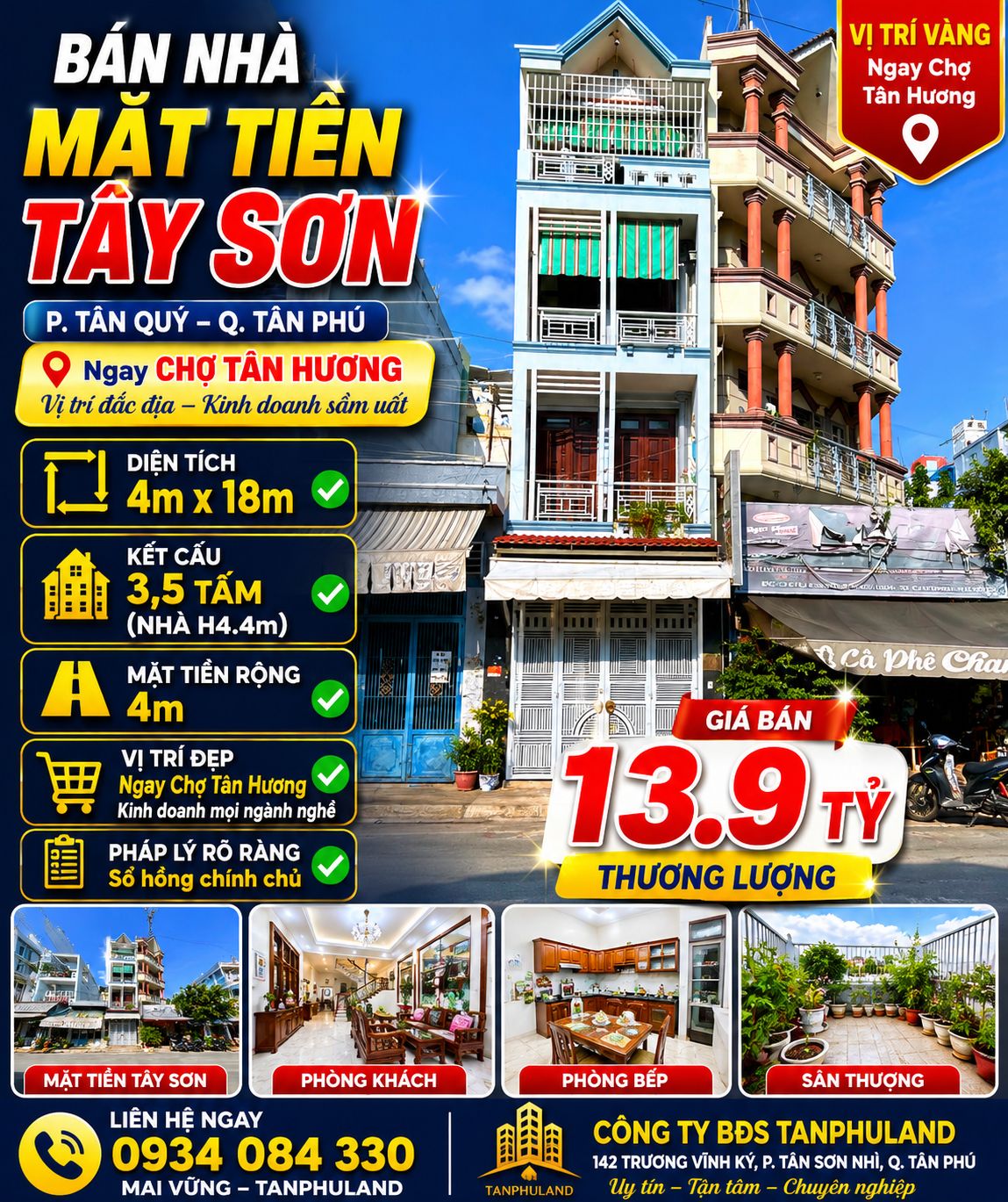 CHÍNH CHỦ BÁN NHÀ MẶT TIỀN TÂY SƠN - TÂN PHÚ - ĐÚC 3.5 TẤM - NỞ HẬU 4.4M TÀI LỘC - GIÁ 13.9 TỶ TL -