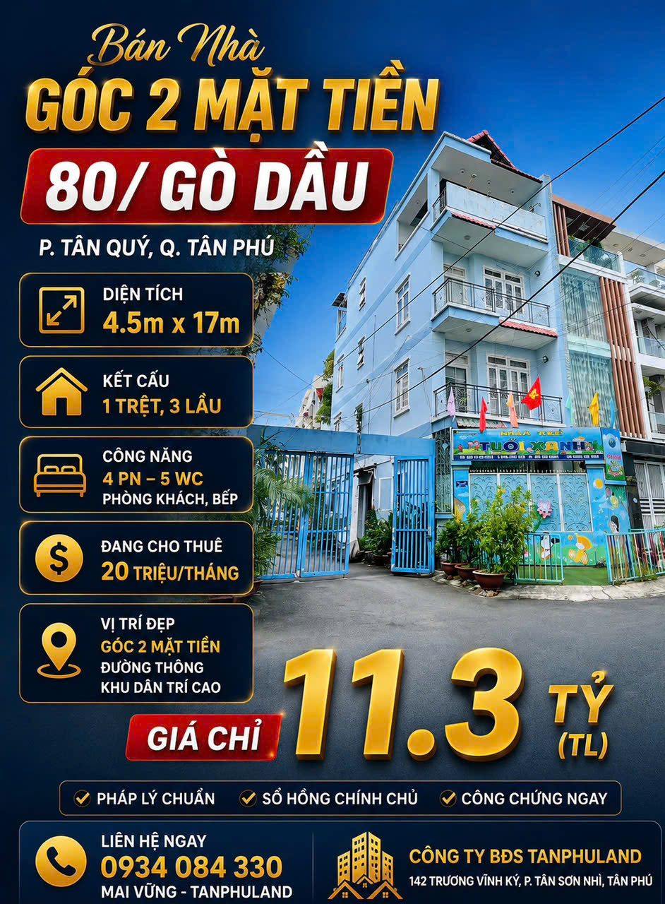 Bán Nhà Góc 2 Mặt Tiền 80 Gò Dầu, Tân Phú - 4.5mx17m - 3 Lầu - Đối Diện Công Viên Đẹp Nhất Khu Vực