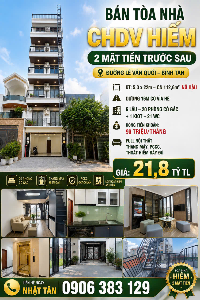 🏢 BÁN TÒA NHÀ CHDV HIẾM ĐƯỜNG LÊ VĂN QUỚI – 2 MẶT TIỀN TRƯỚC SAU 💥