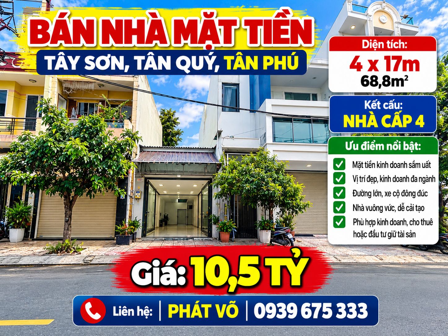 BÁN NHÀ MẶT TIỀN TÂY SƠN, TÂN QUÝ, TÂN PHÚ – 4x17M – 68,8M² – GIÁ 10,5 TỶ