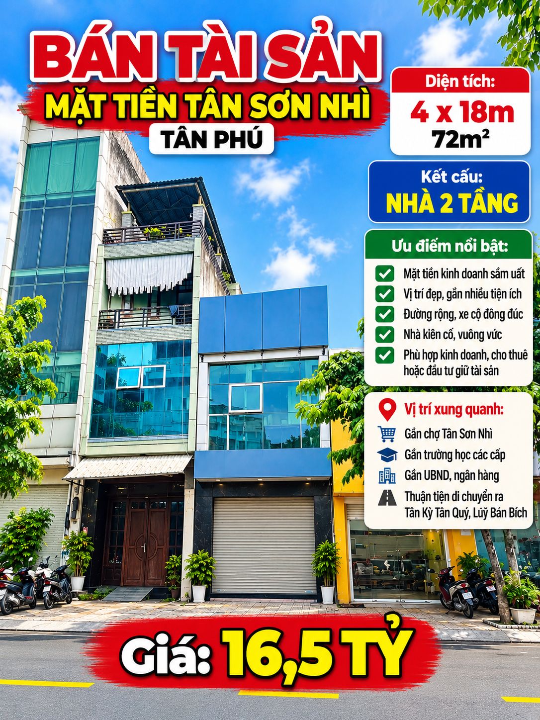 BÁN TÀI SẢN MẶT TIỀN TÂN SƠN NHÌ, TÂN PHÚ – 4x18M – 72M² – GIÁ 16,5 TỶ