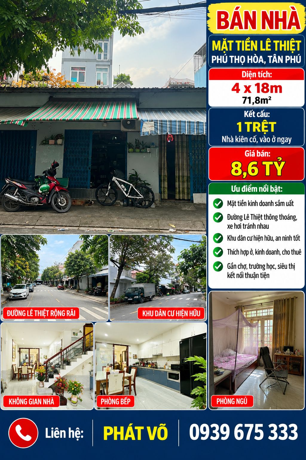 BÁN NHÀ MẶT TIỀN LÊ THIỆT, PHÚ THỌ HÒA, TÂN PHÚ – 4x18M – 71,8M² – GIÁ 8,6 TỶ