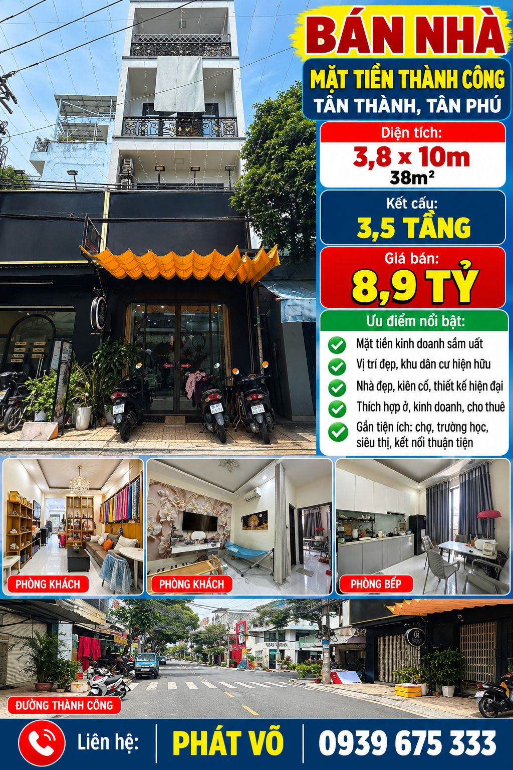 BÁN NHÀ MẶT TIỀN THÀNH CÔNG, TÂN THÀNH, TÂN PHÚ – 3,8x10M – 3,5 TẦNG – GIÁ 8,9 TỶ