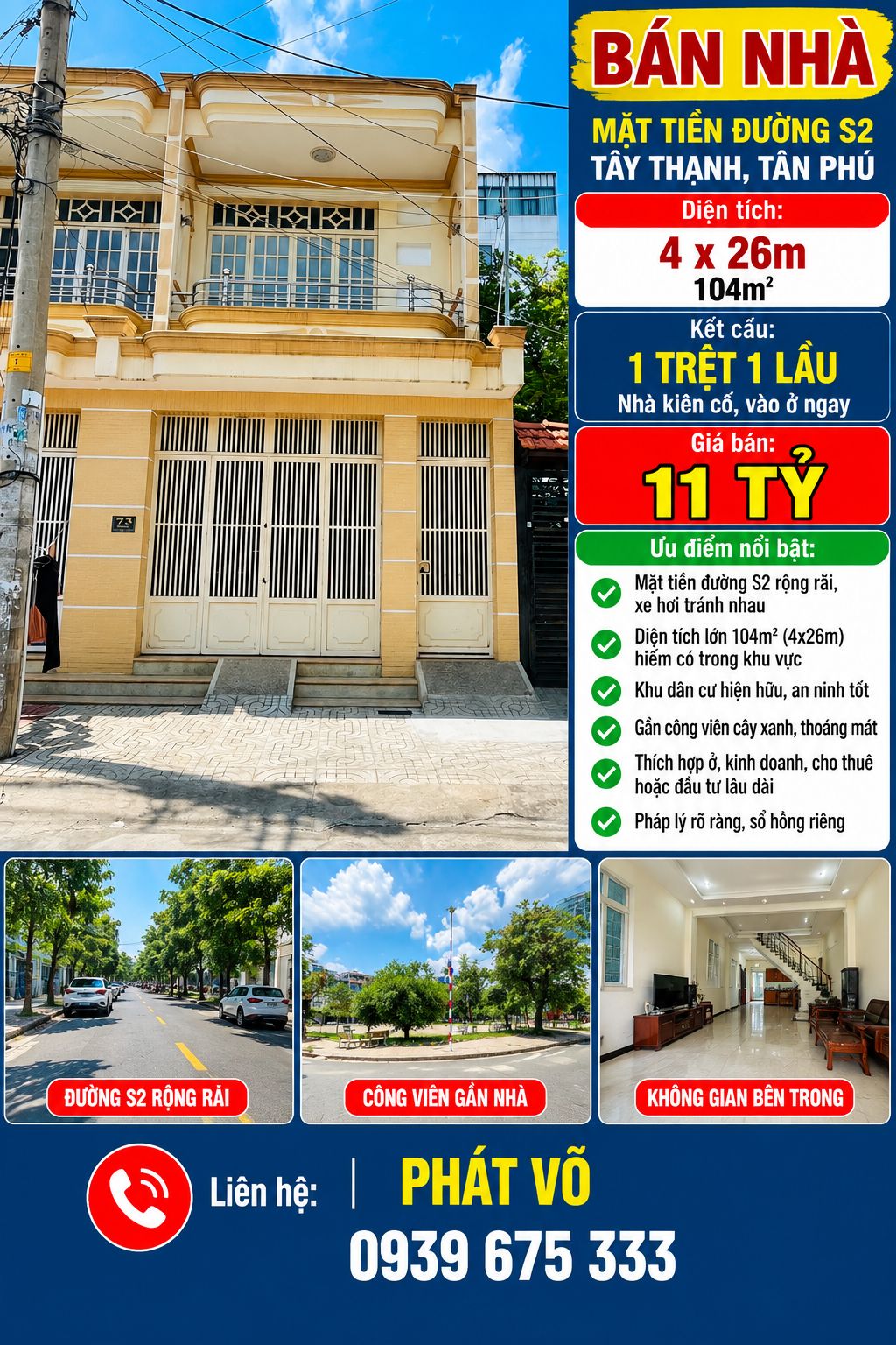BÁN NHÀ MẶT TIỀN ĐƯỜNG S2, TÂY THẠNH, TÂN PHÚ – 4x26M – 104M² – GIÁ 11 TỶ