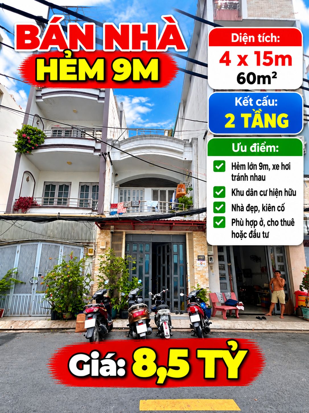 BÁN NHÀ HẺM 9M LŨY BÁN BÍCH, TÂN THÀNH, TÂN PHÚ – 4x15M – 2 TẦNG – GIÁ 8,5 TỶ