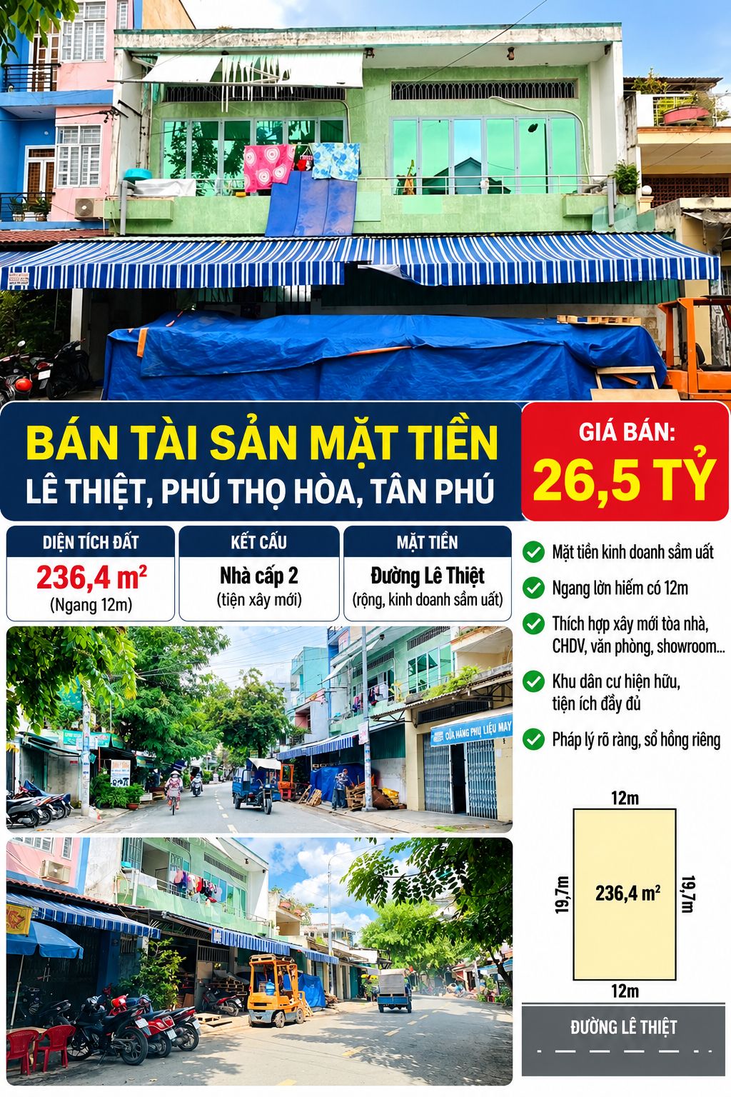 BÁN TÀI SẢN MẶT TIỀN LÊ THIỆT, PHÚ THỌ HÒA, TÂN PHÚ – NGANG 12M – 236,4M² – GIÁ 26,5 TỶ
