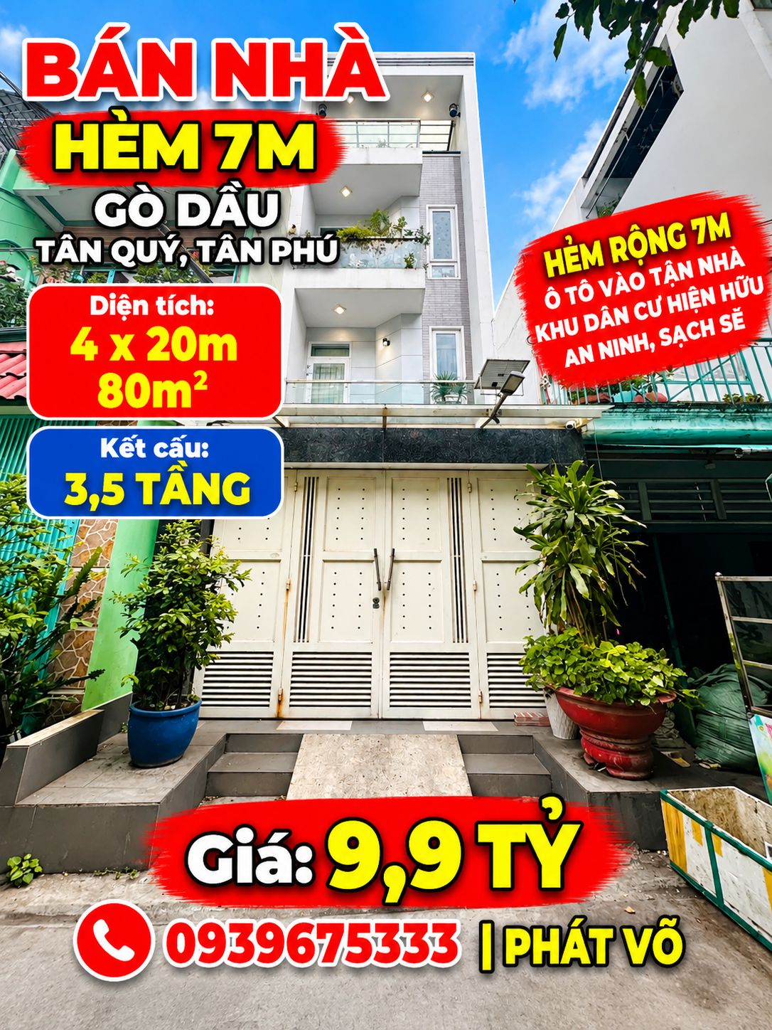 BÁN NHÀ HẺM 7M GÒ DẦU, TÂN QUÝ, TÂN PHÚ – 4x20M – 3,5 TẦNG – GIÁ 9,9 TỶ