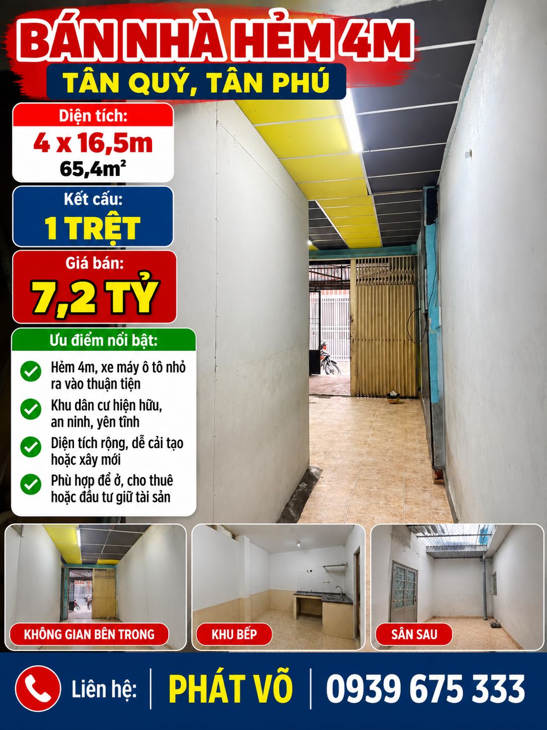 BÁN NHÀ HẺM 4M TÂN QUÝ, TÂN PHÚ – 4x16,5M – 65,4M² – GIÁ 7,2 TỶ