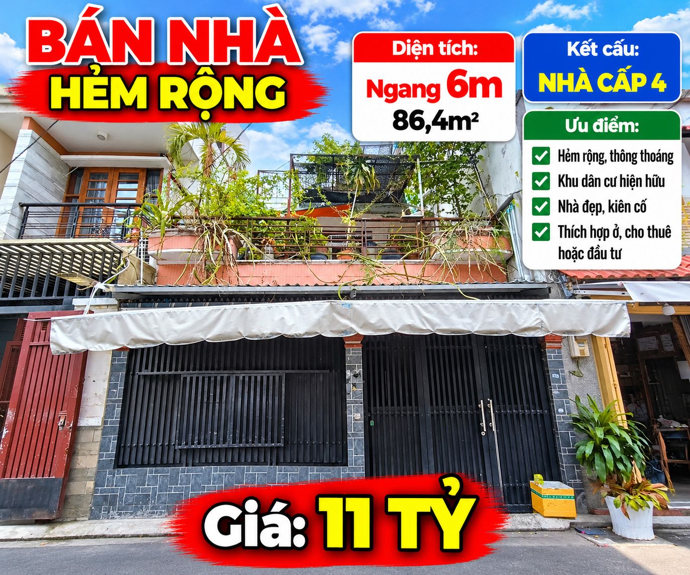 BÁN NHÀ HẺM VƯỜN LÀI, PHÚ THỌ HÒA, TÂN PHÚ – NGANG 6M – 86,4M² – GIÁ 11 TỶ