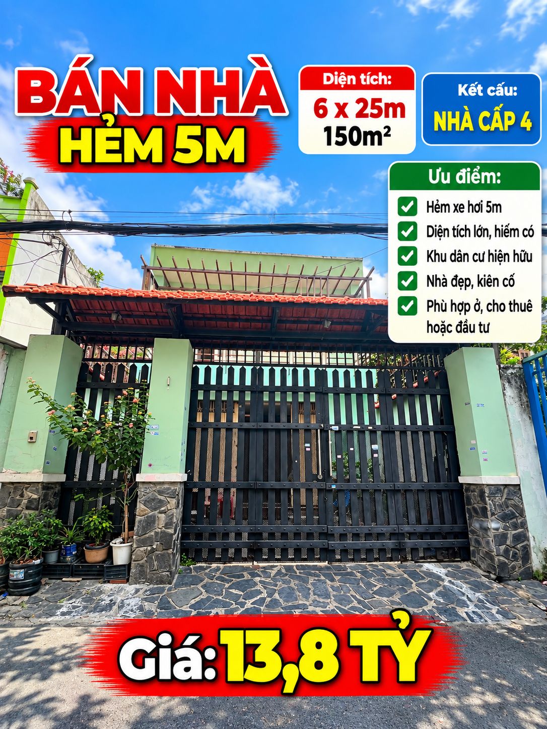 BÁN NHÀ HẺM 5M NGUYỄN CỬU ĐÀM, TÂN SƠN NHÌ, TÂN PHÚ – 6x25M – 150M² – GIÁ 13,8 TỶ