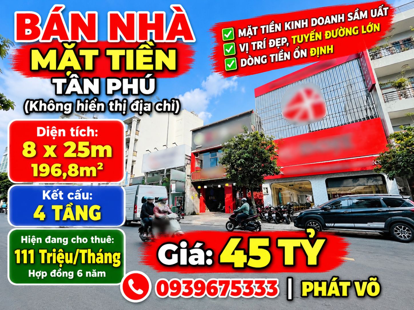 BÁN NHÀ MẶT TIỀN TÂN SƠN NHÌ, TÂN PHÚ – 8x25M – 196,8M² – 4 TẦNG – GIÁ 45 TỶ