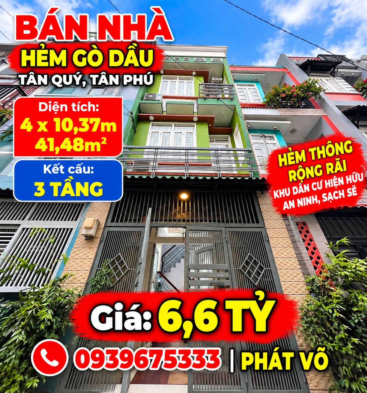 BÁN NHÀ HẺM GÒ DẦU, TÂN QUÝ, TÂN PHÚ – 4x10,37M – 3 TẦNG – GIÁ 6,6 TỶ