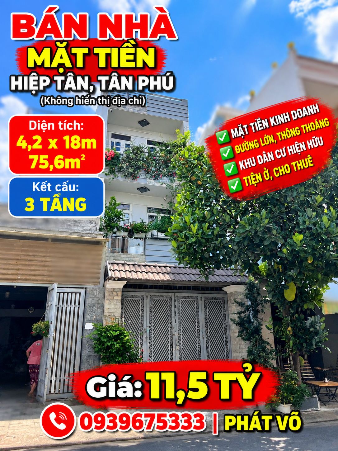 BÁN NHÀ MẶT TIỀN DƯƠNG KHUÊ, HIỆP TÂN, TÂN PHÚ – 4,2x18M – 3 TẦNG – GIÁ 11,5 TỶ