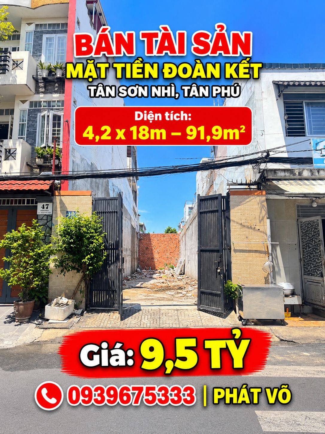 BÁN TÀI SẢN MẶT TIỀN ĐOÀN KẾT, TÂN SƠN NHÌ, TÂN PHÚ – 4,2x18M – 91,9M² – GIÁ 9,5 TỶ
